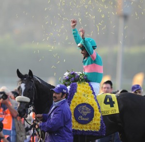 Zenyatta with Mike Smith up celebrates in the Breeders Cup Classic victory at Santa Anita Park, CA 11.07.2009